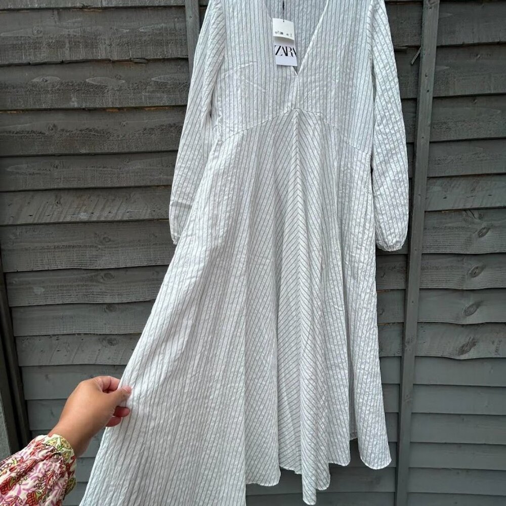 NWT ZARA The Catalina  Charcoal Gray Striped Long Sleeve Midi Maxi Dress S Small - Picture 6 of 9